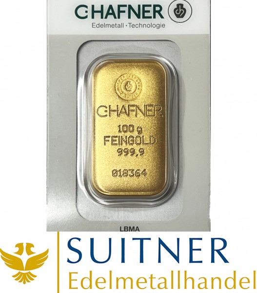 100 Gramm Goldbarren C. Hafner Feingold LBMA mit Zertifikat