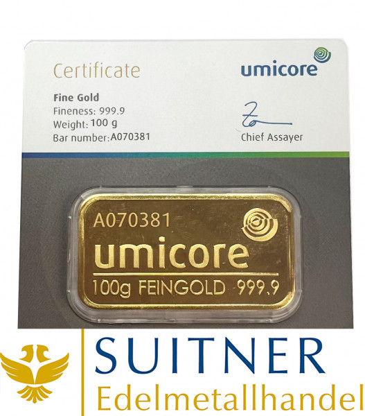 100 Gramm Goldbarren Umicore