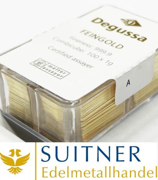 100 x 1 Gramm Degussa Goldbarren Combicube 100g Feingold