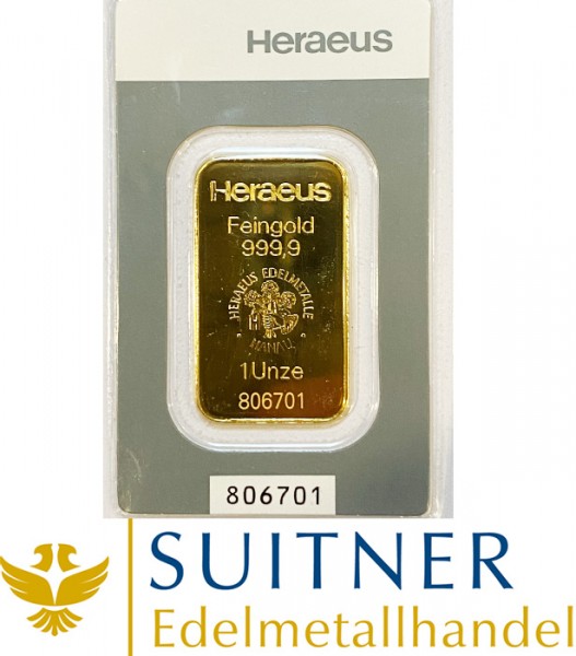 1 Unze Goldbarren Heraeus